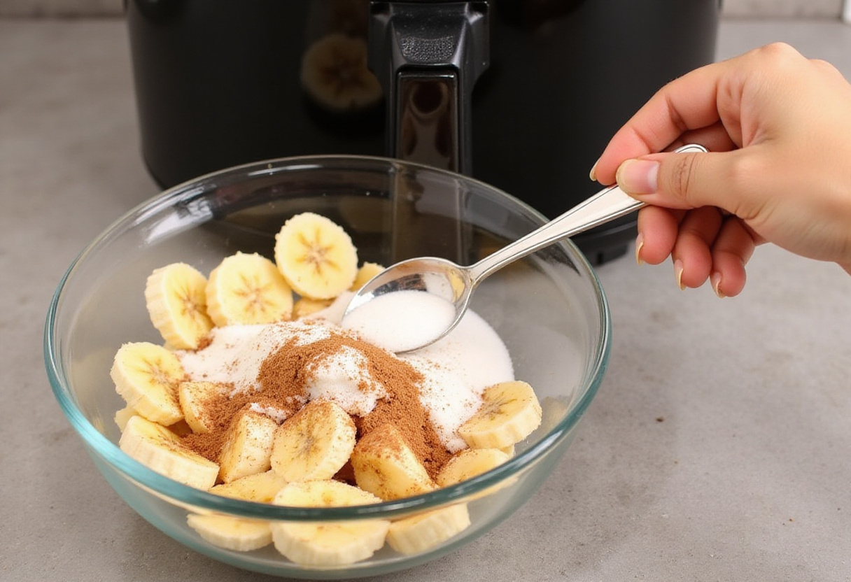 Mixing sliced bananas with cinnamon and sugar in a bowl for air fryer banana chips, showcasing the sweet ingredients and air fryer.