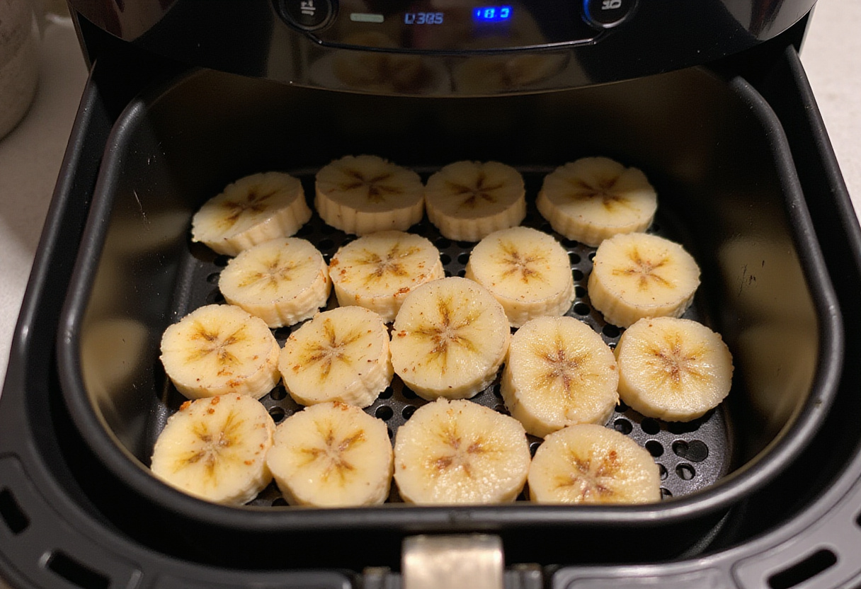 Arranging cinnamon-sugar coated banana slices neatly in an air fryer basket, ready to cook for a crispy snack.