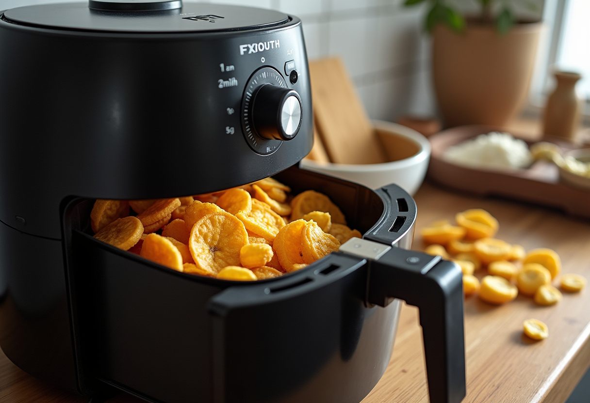 Air fryer in operation, cooking cinnamon-sugar banana chips, with banana chips and ingredients displayed on the kitchen counter.