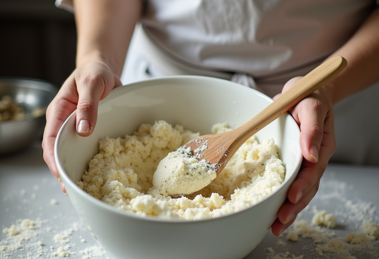 Mixing ingredients for copycat Subway Italian herb and cheese bread with flour, herbs, and yeast.