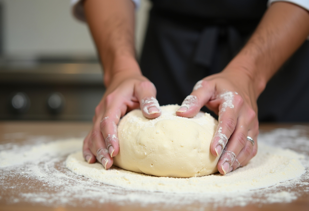 Kneading Italian herb and cheese bread dough on a floured surface, creating a soft and elastic texture.