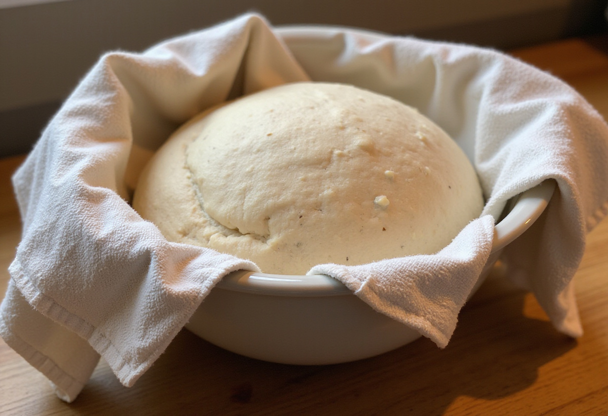 Dough rising in a bowl for copycat Subway Italian herb and cheese bread, showing its fluffy and tender texture before baking.