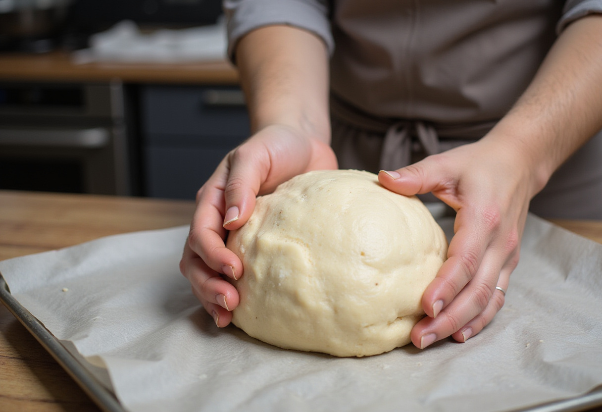 Shaping and placing Italian herb and cheese bread dough on a baking sheet for the final baking step, showcasing its texture.