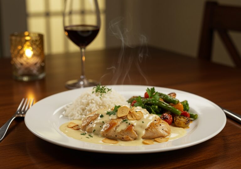 A beautifully plated serving of Creamy Garlic Chicken in a warm dining setting, highlighting this rich and delectable recipe.