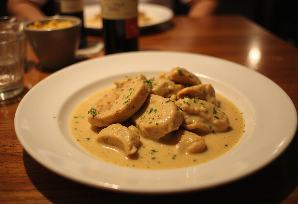 A beautifully plated serving of Creamy Garlic Chicken in a warm dining setting, highlighting this rich and delectable recipe.