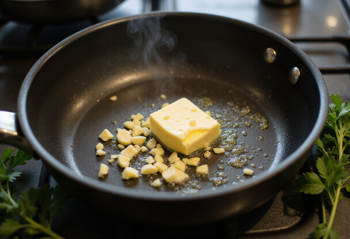 Melted butter and minced garlic sizzling in a skillet, illustrating the fragrant base for making Creamy Garlic Chicken.