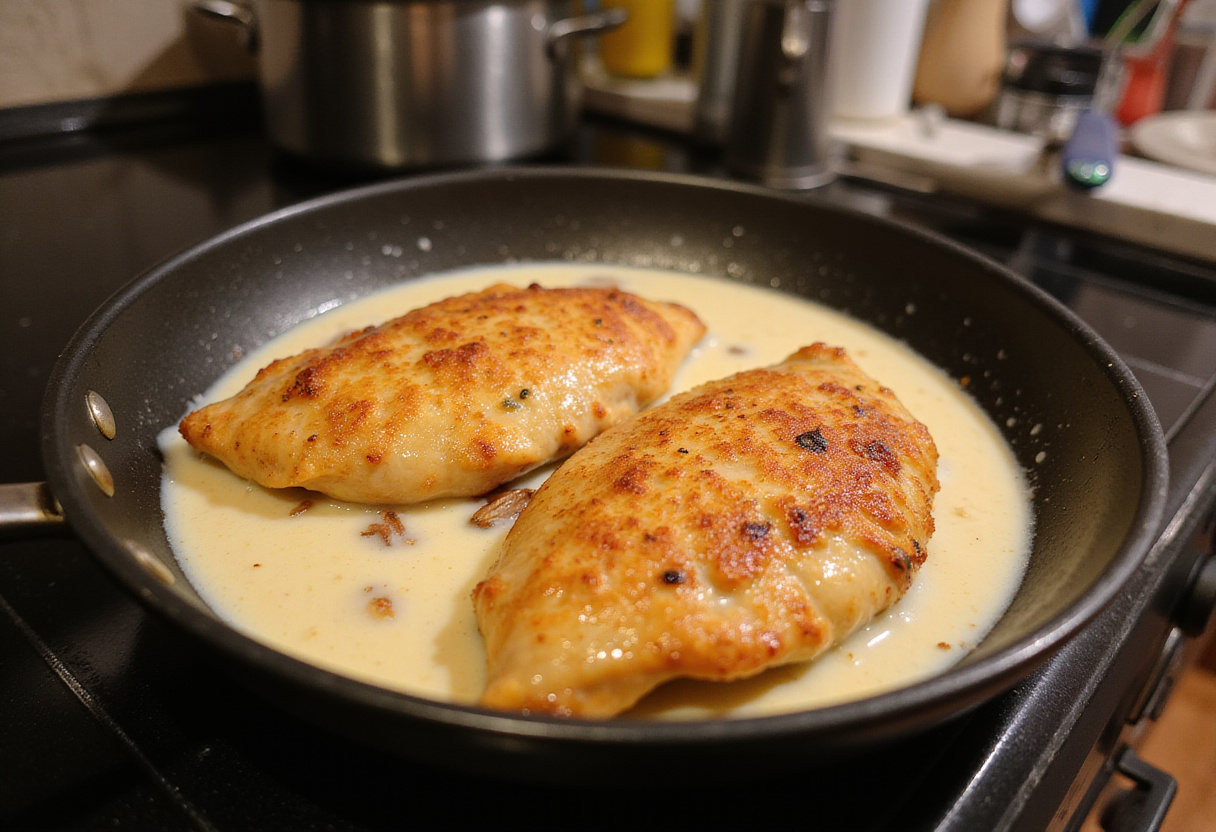 Golden-brown chicken breasts simmering in a creamy sauce, highlighting the delicious cooking process for Creamy Garlic Chicken.