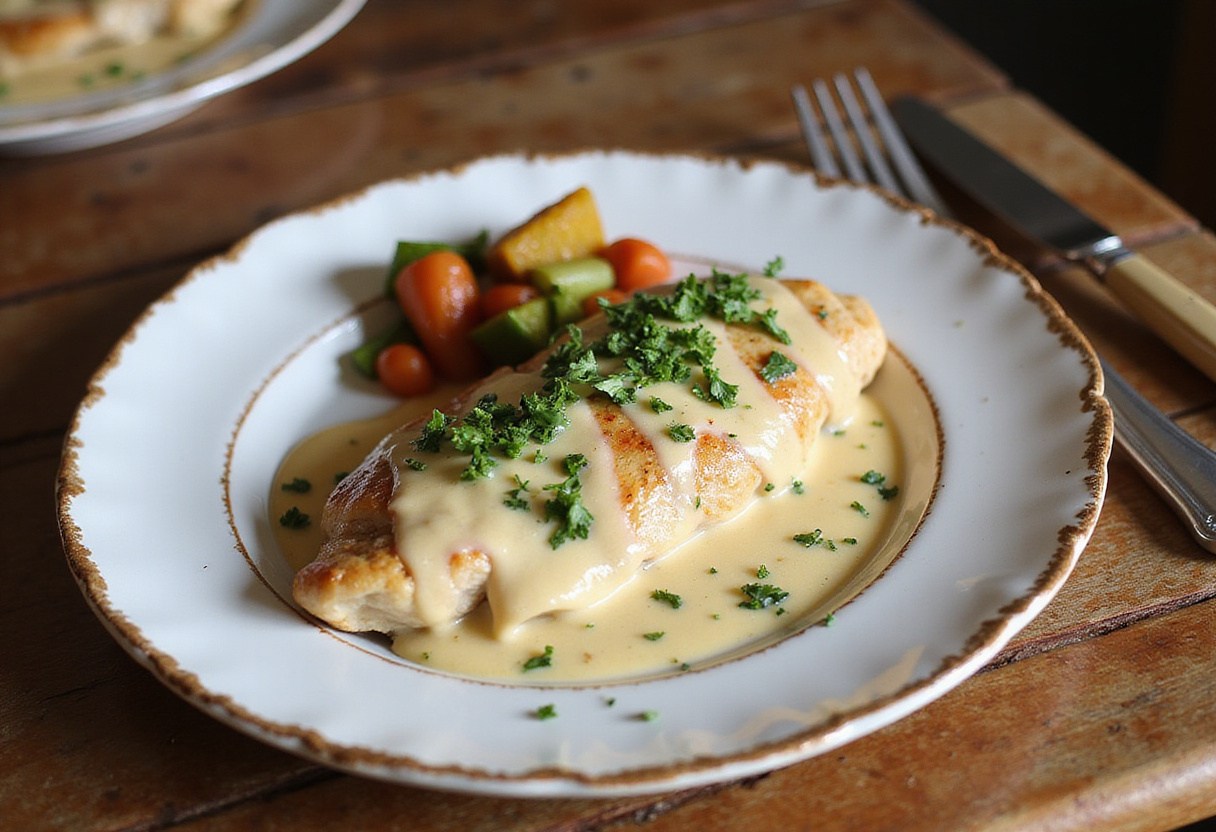 Finished Creamy Garlic Chicken on a plate, garnished with parsley and served with vegetables, a perfect representation of a delicious meal.