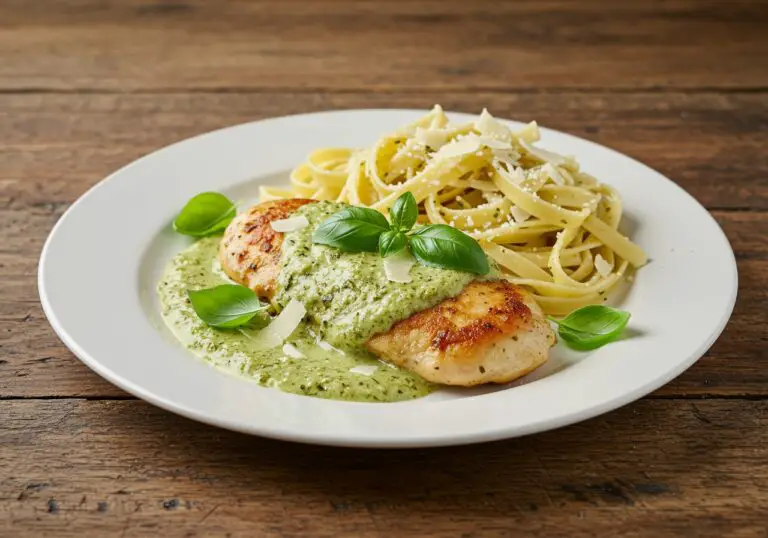 Delicious creamy pesto chicken delight served with pasta, ideal for a comforting meal.