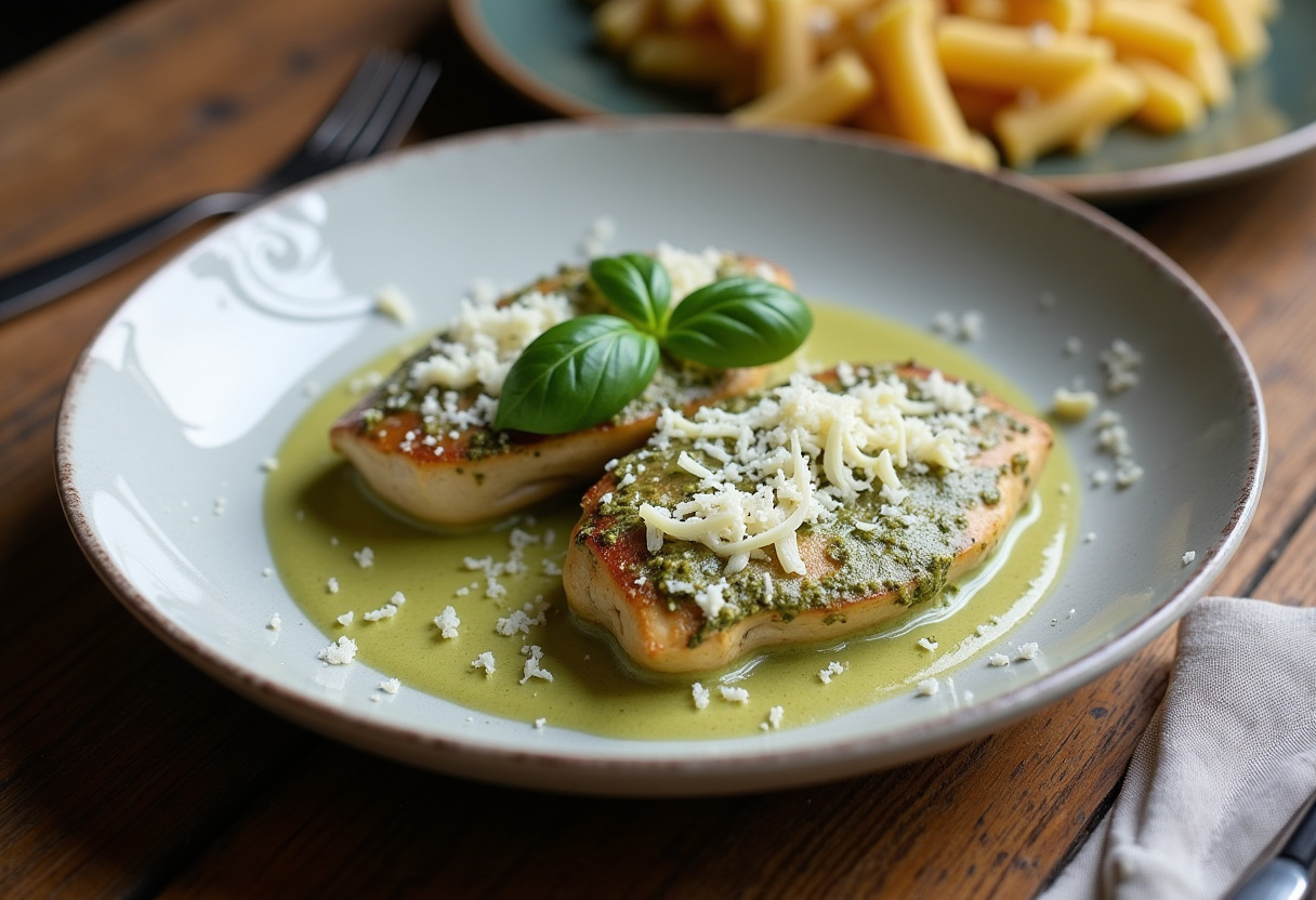 Delicious creamy pesto chicken delight served with pasta, ideal for a comforting meal.
