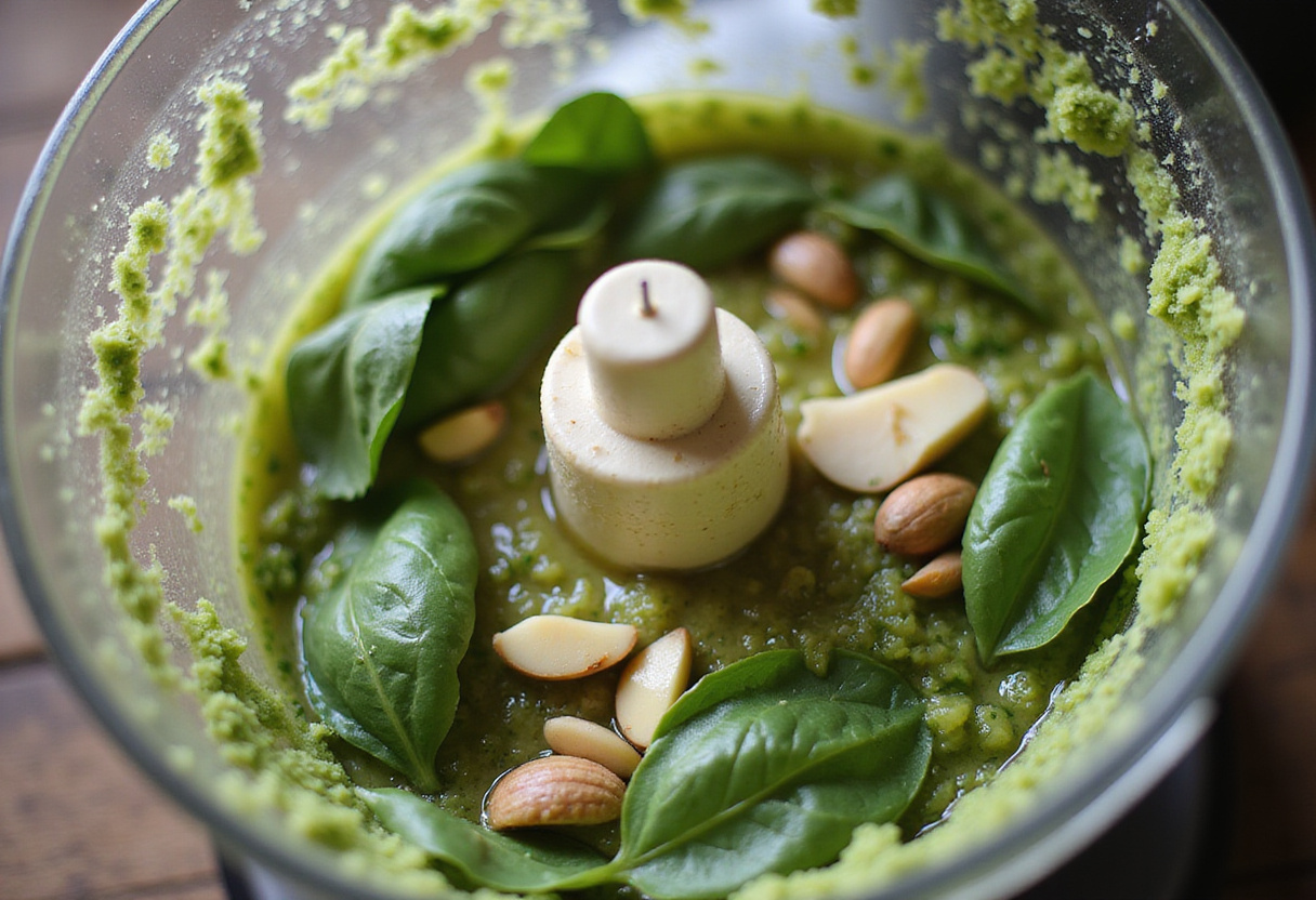 Fresh basil pesto ingredients blended to perfection for creamy pesto chicken delight.