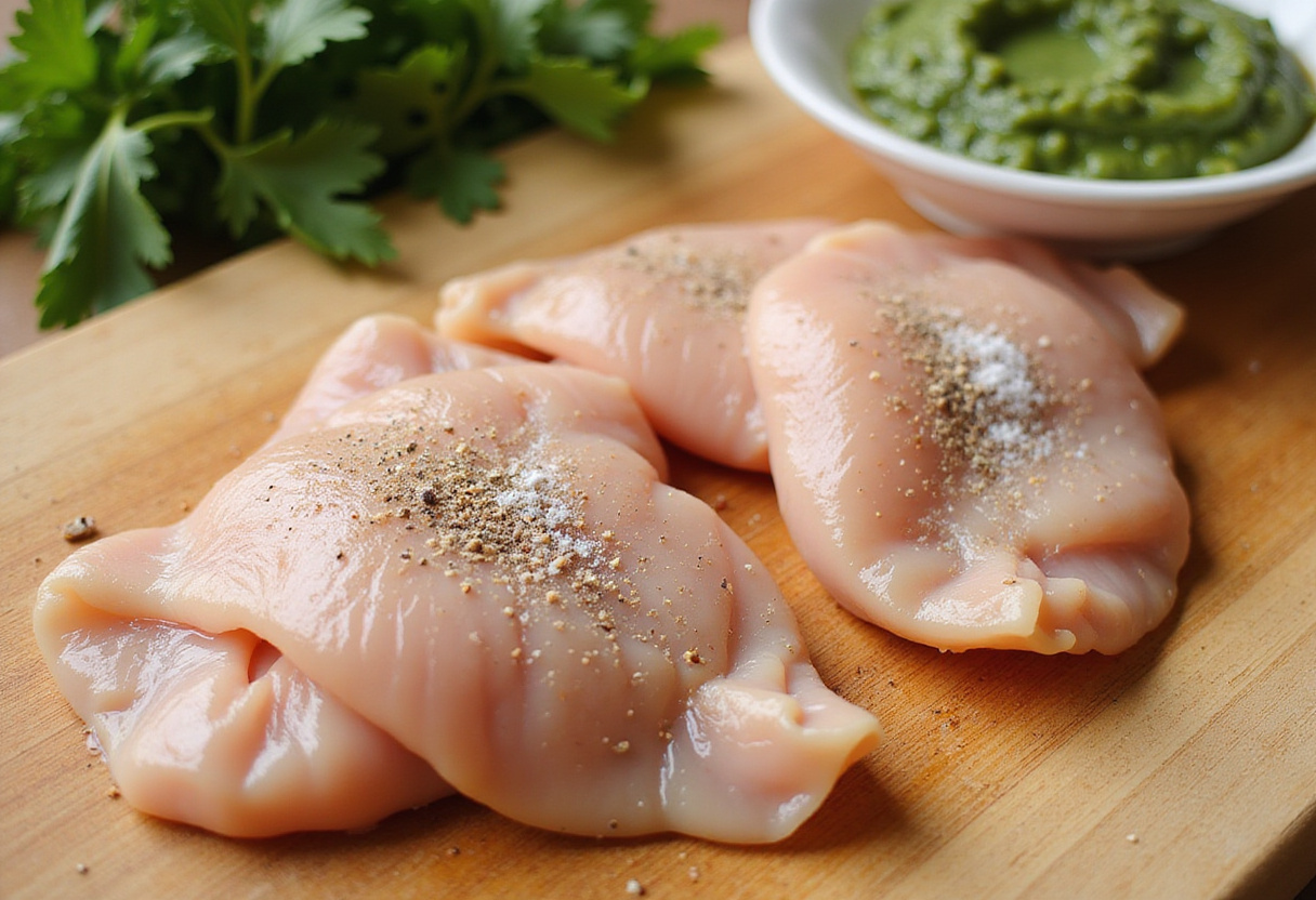 Seasoned raw chicken breasts ready for the creamy pesto chicken delight dish.