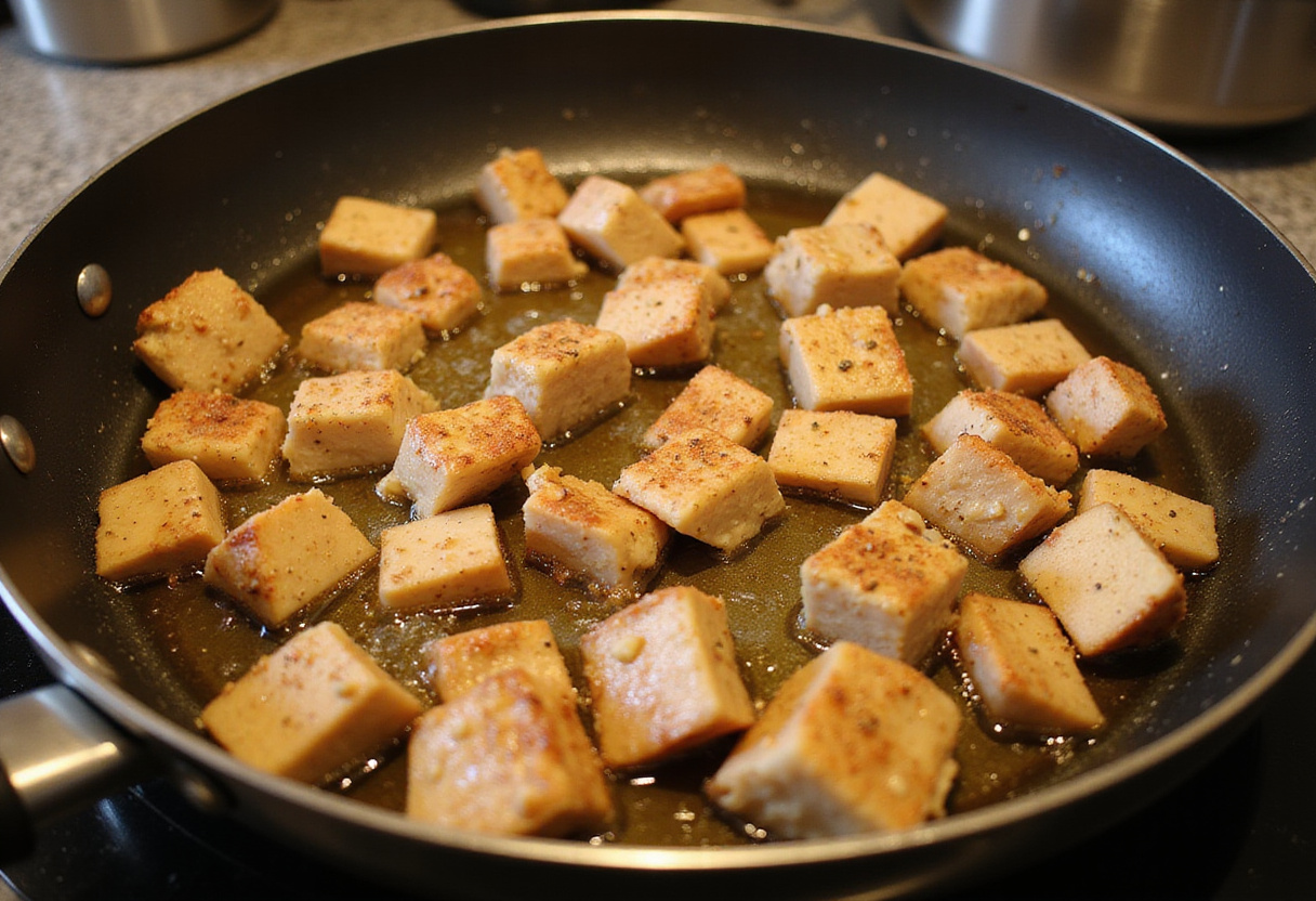 Golden-browned chicken cooking in olive oil for creamy pesto chicken delight.