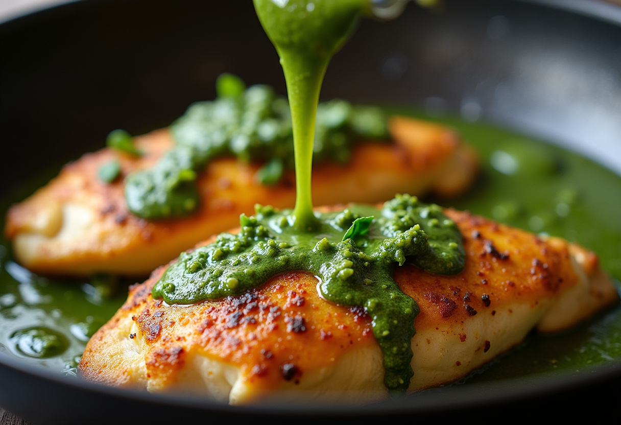 Chicken coated with creamy basil pesto sauce in a skillet for a delightful dinner dish.