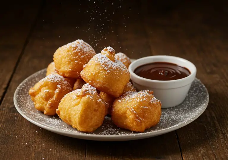 Delicious crispy deep fried marshmallows elegantly displayed on a plate with powdered sugar and chocolate sauce, perfect for dessert lovers.