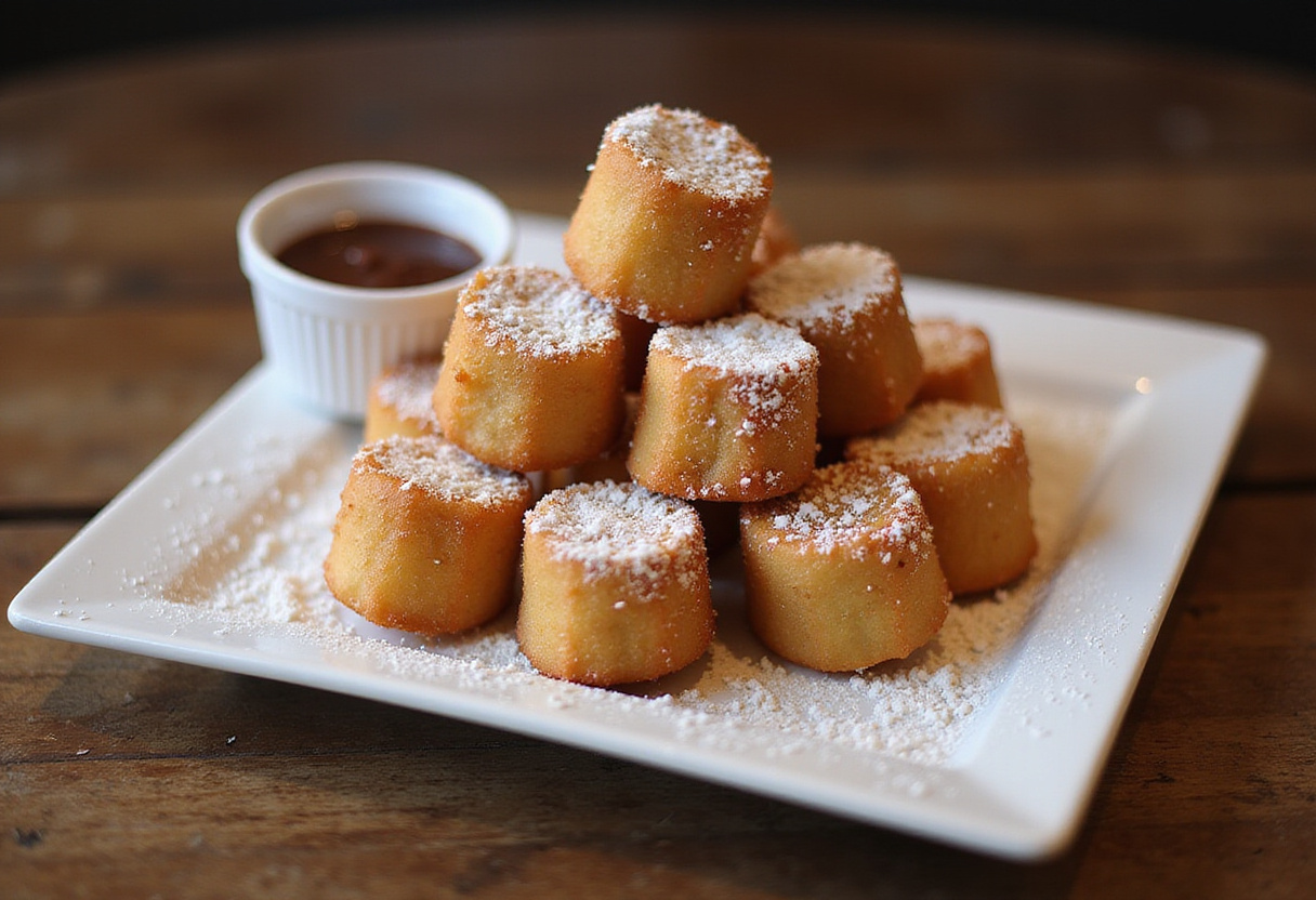 Delicious crispy deep fried marshmallows elegantly displayed on a plate with powdered sugar and chocolate sauce, perfect for dessert lovers.