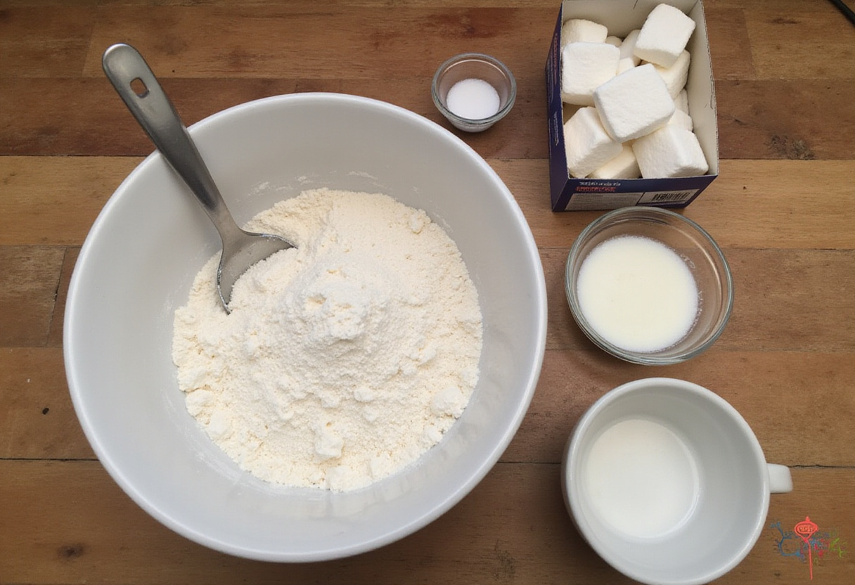A collection of ingredients for crispy deep fried marshmallows including flour, cornstarch, sugar, and marshmallows in a home kitchen setting.