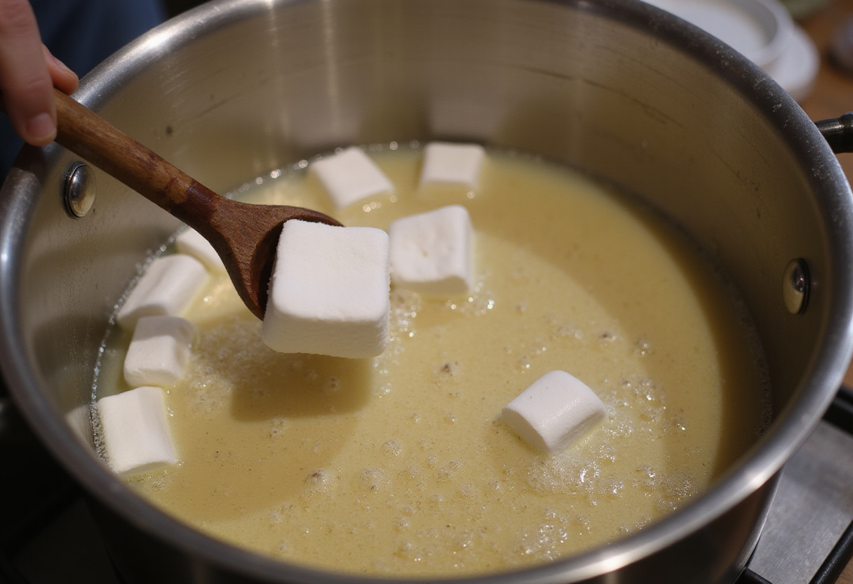 Dipping marshmallows into a crispy coating mixture on a frying station, showcasing the preparation for deep frying.