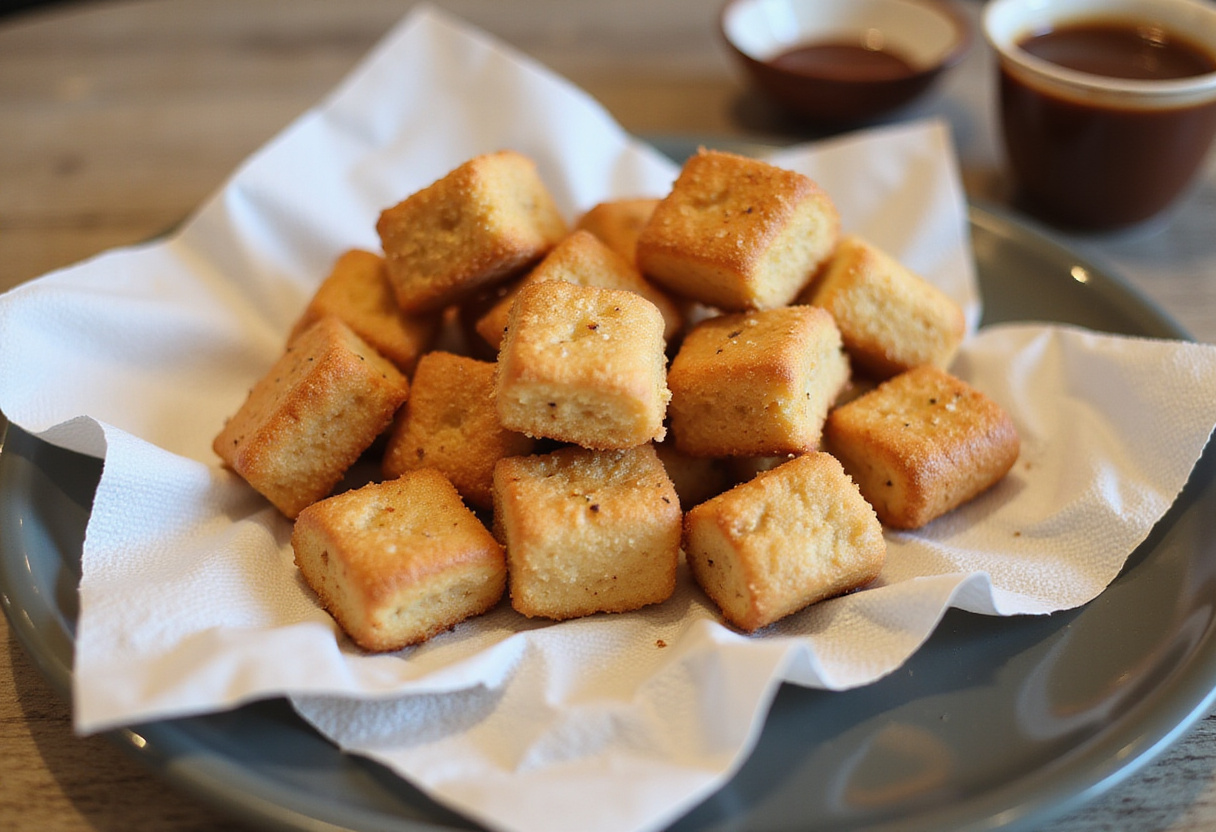Draining crispy deep fried marshmallows on a plate lined with paper towels, ready for a sweet chocolate sauce dipping.
