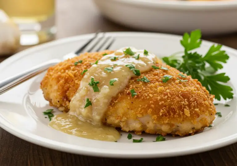 Delicious crispy Parmesan chicken with a rich garlic sauce on a plate, emphasizing the crispy texture and vibrant flavors of the dish.