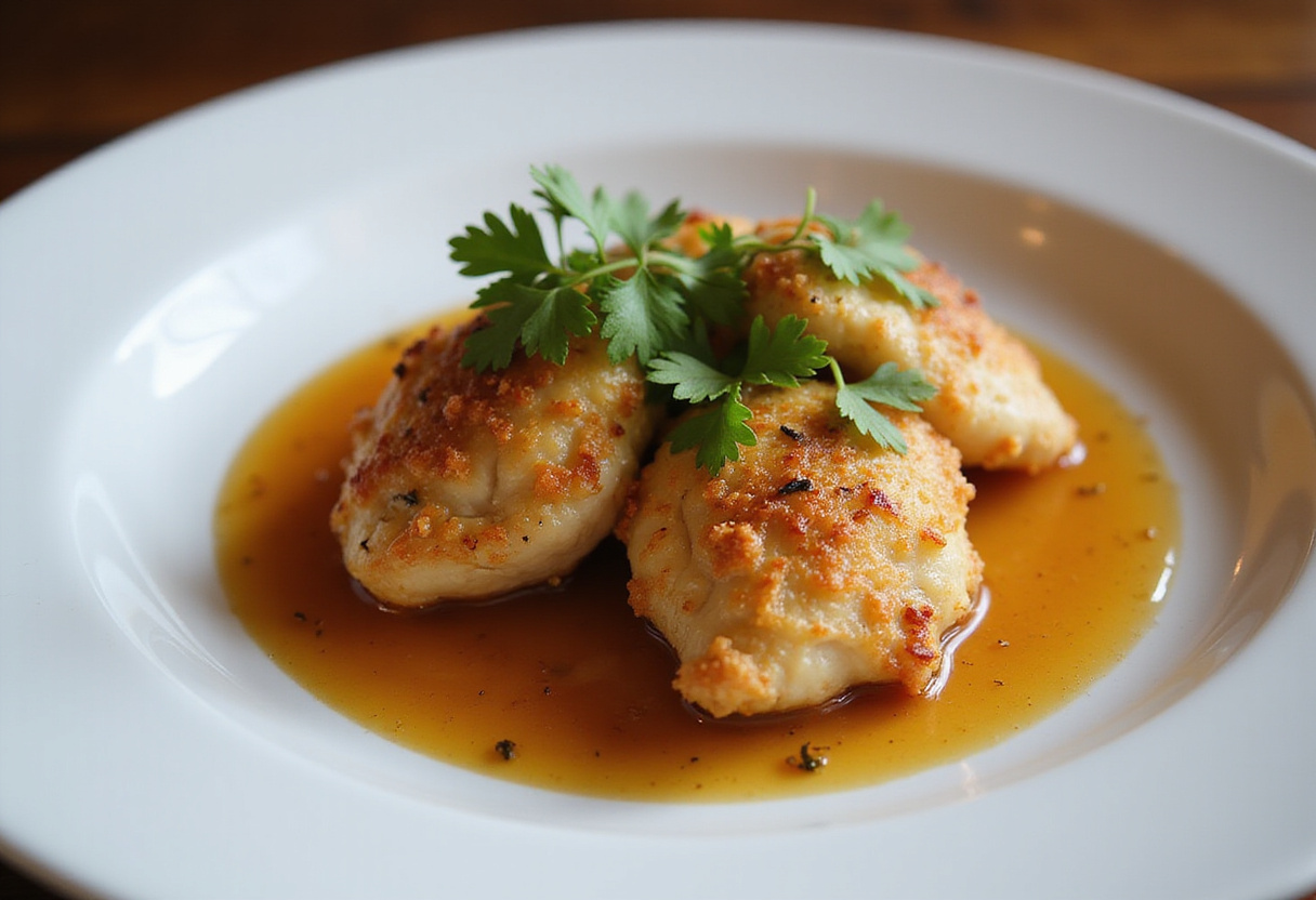 Delicious crispy Parmesan chicken with a rich garlic sauce on a plate, emphasizing the crispy texture and vibrant flavors of the dish.