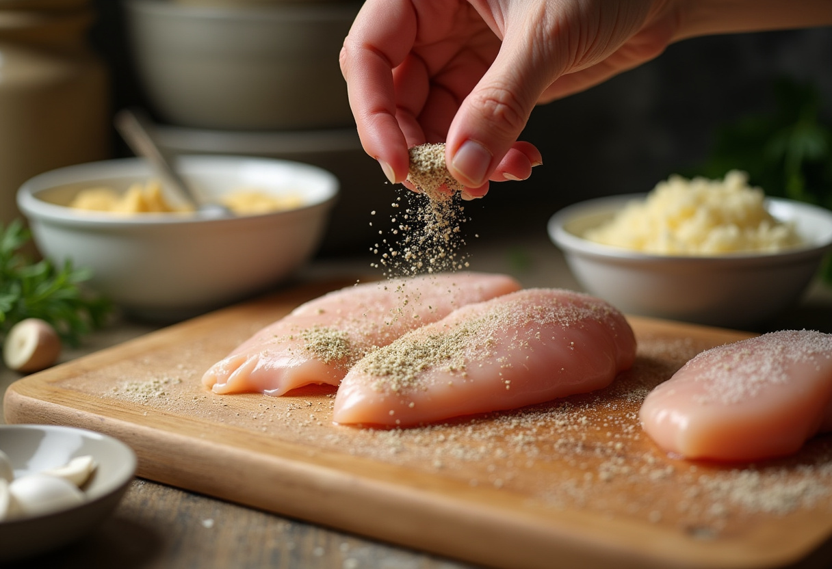Crispy Parmesan chicken preparation with seasoned chicken breasts and ingredients visible in a rustic kitchen.