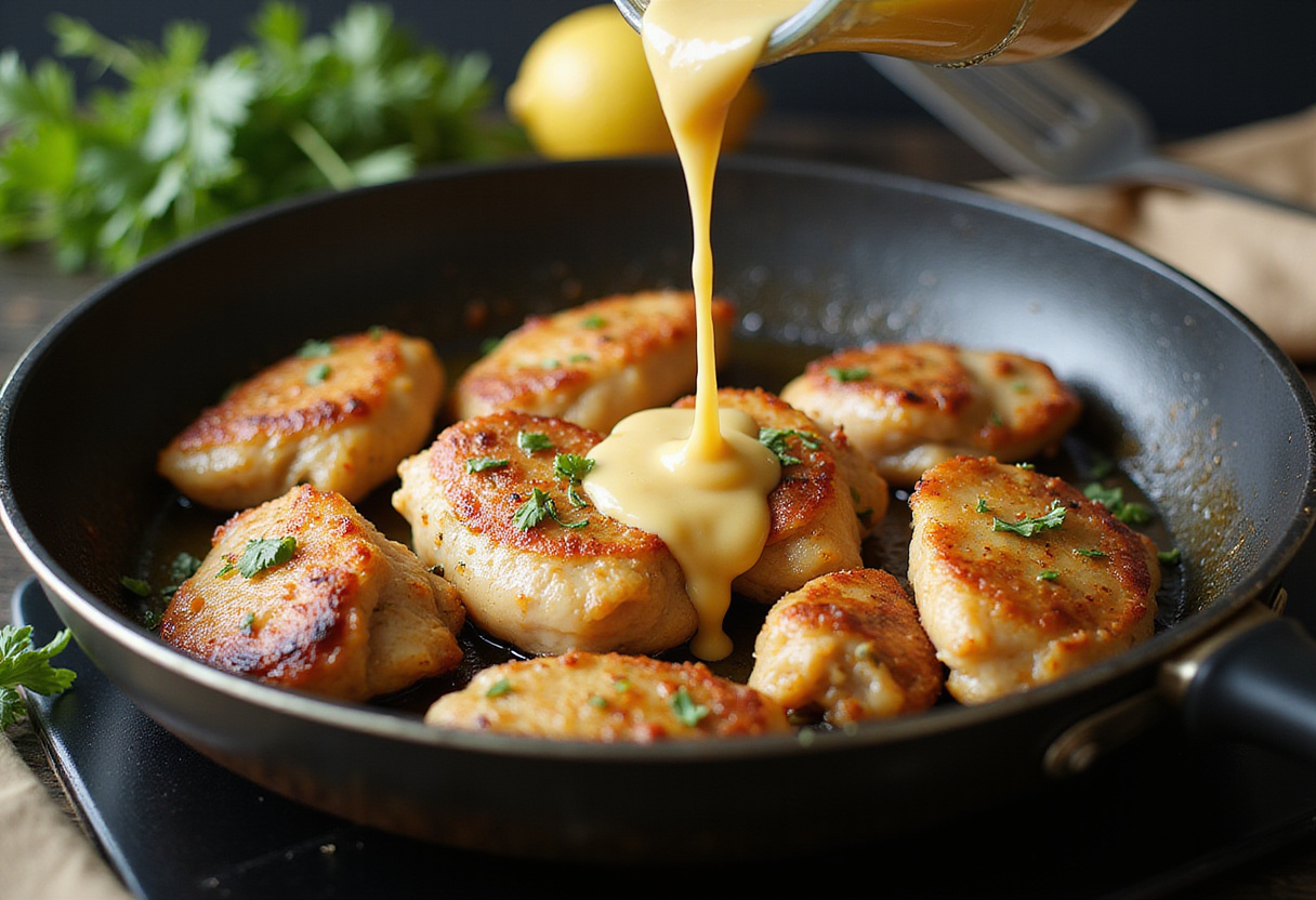 Frying crispy Parmesan chicken in a skillet with garlic sauce, illustrating the cooking process in a lively kitchen atmosphere.
