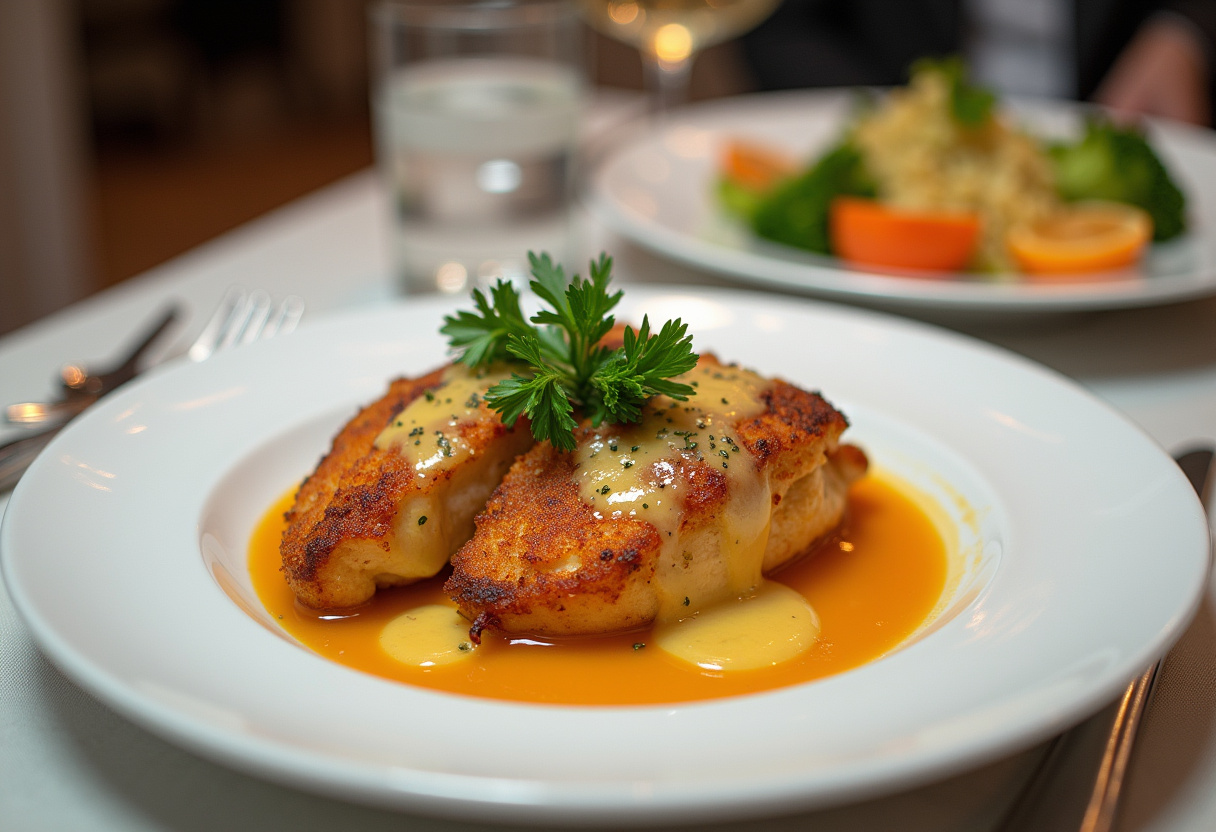 Serving crispy Parmesan chicken with garlic sauce on a beautifully set table, highlighting an appetizing presentation.