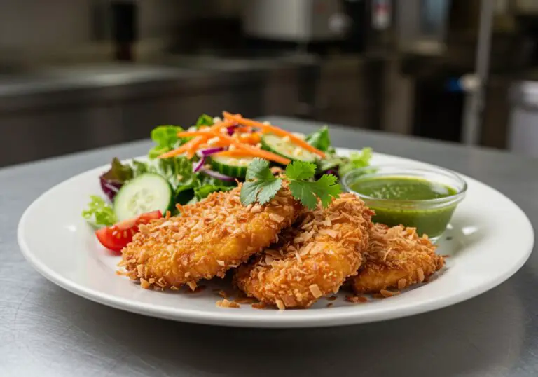 Final presentation of Crunchy Coconut Chicken with a side of salad, showcasing a delicious and visually appealing meal ready to be enjoyed.