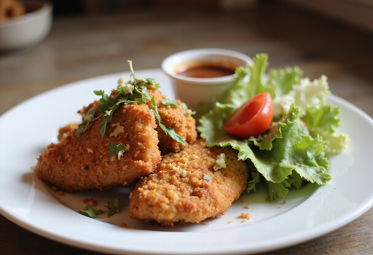 Final presentation of Crunchy Coconut Chicken with a side of salad, showcasing a delicious and visually appealing meal ready to be enjoyed.