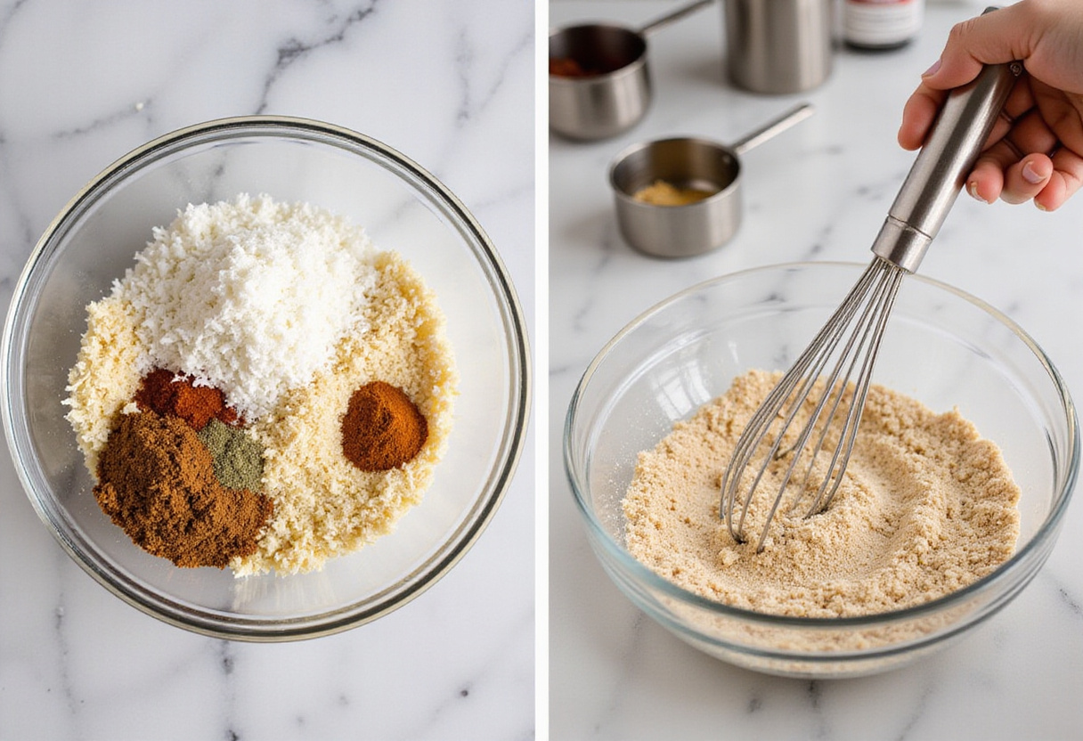 Crunchy Coconut Chicken preparation with shredded coconut and panko breadcrumbs mix on a kitchen countertop.
