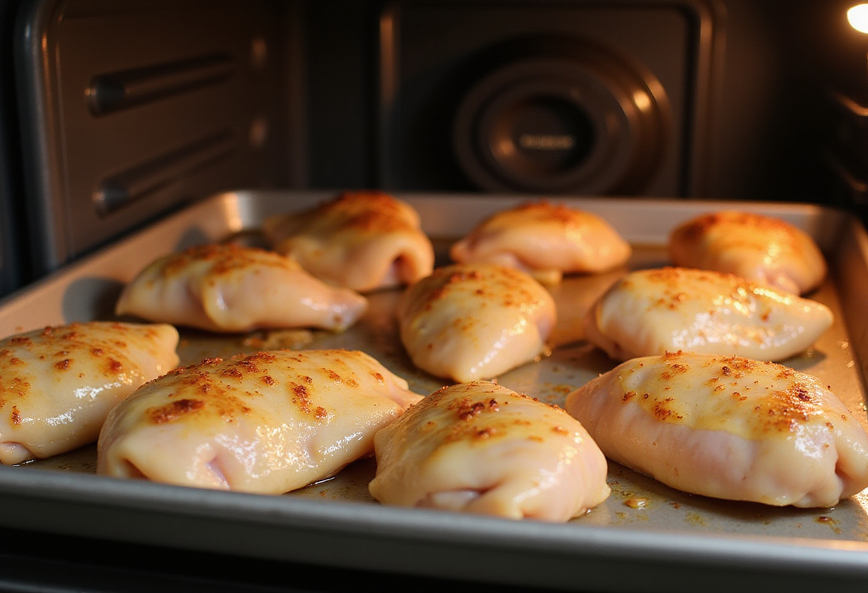 Baking sheet with breaded chicken ready for the oven, preparing to create Crunchy Coconut Chicken, showcasing a delicious cooking setup.