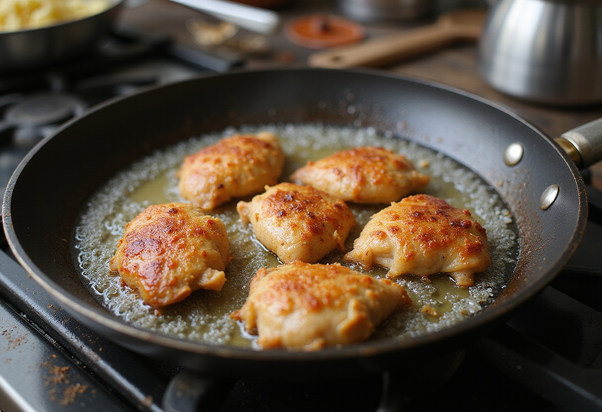 Cooking Crunchy Coconut Chicken in a frying pan, with a crispy golden exterior and sizzling in oil, setting an enticing kitchen scene.