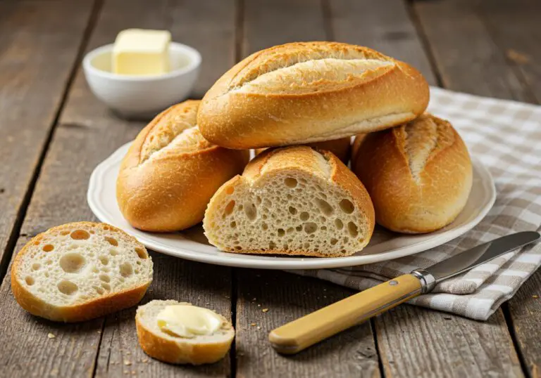 Final presentation of crusty chewy French bread rolls on a wooden table, served with butter.