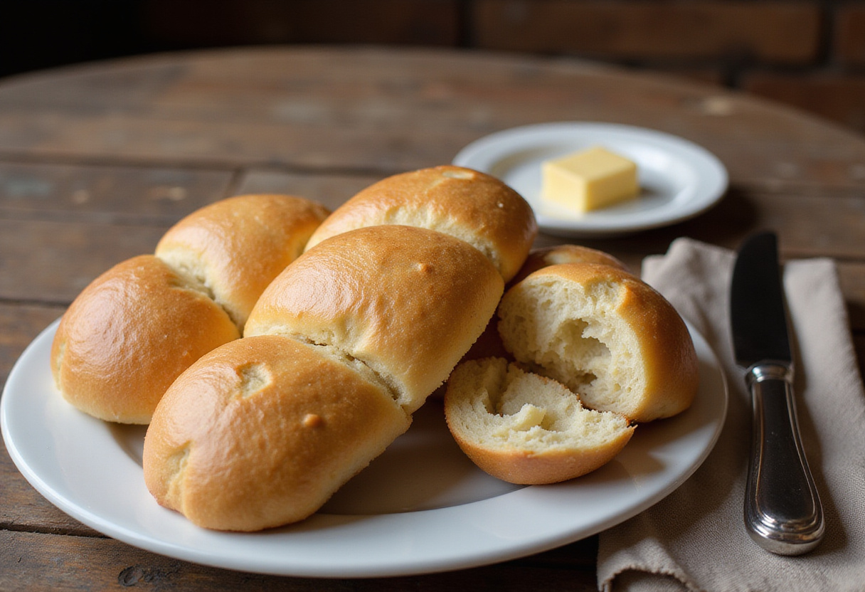 Final presentation of crusty chewy French bread rolls on a wooden table, served with butter.