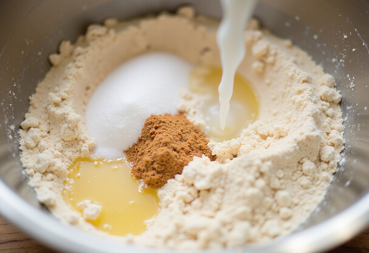 Mixing ingredients for crusty chewy French bread rolls, yeast, flour, and warm water in a bowl.
