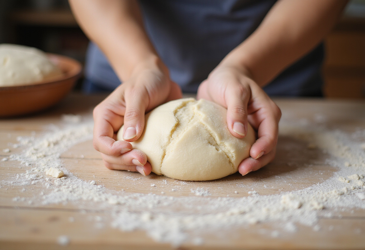 Kneading dough for crusty chewy French bread rolls, showing hands working with elastic dough on a floured surface.