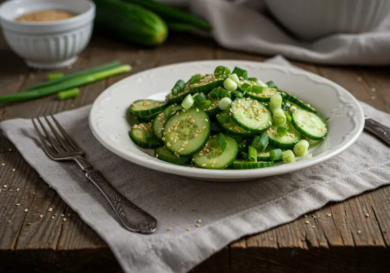 Beautifully presented Cucumber & Green Onion Salad with sesame seeds, highlighting fresh ingredients and vibrant colors for a refreshing dish.