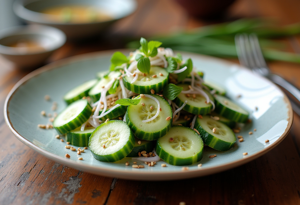 Beautifully presented Cucumber & Green Onion Salad with sesame seeds, highlighting fresh ingredients and vibrant colors for a refreshing dish.