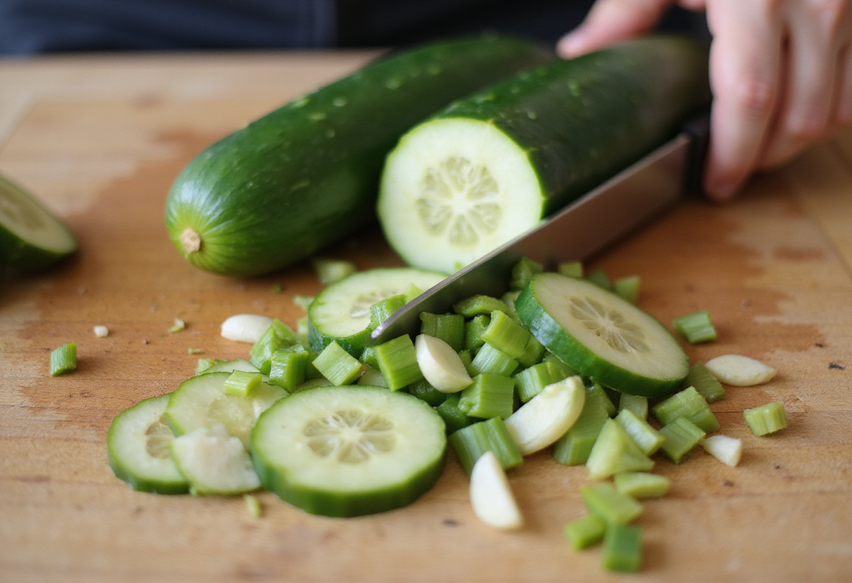 Fresh cucumbers and green onions being chopped on a wooden board, Cucumber & Green Onion Salad ingredients preparation.