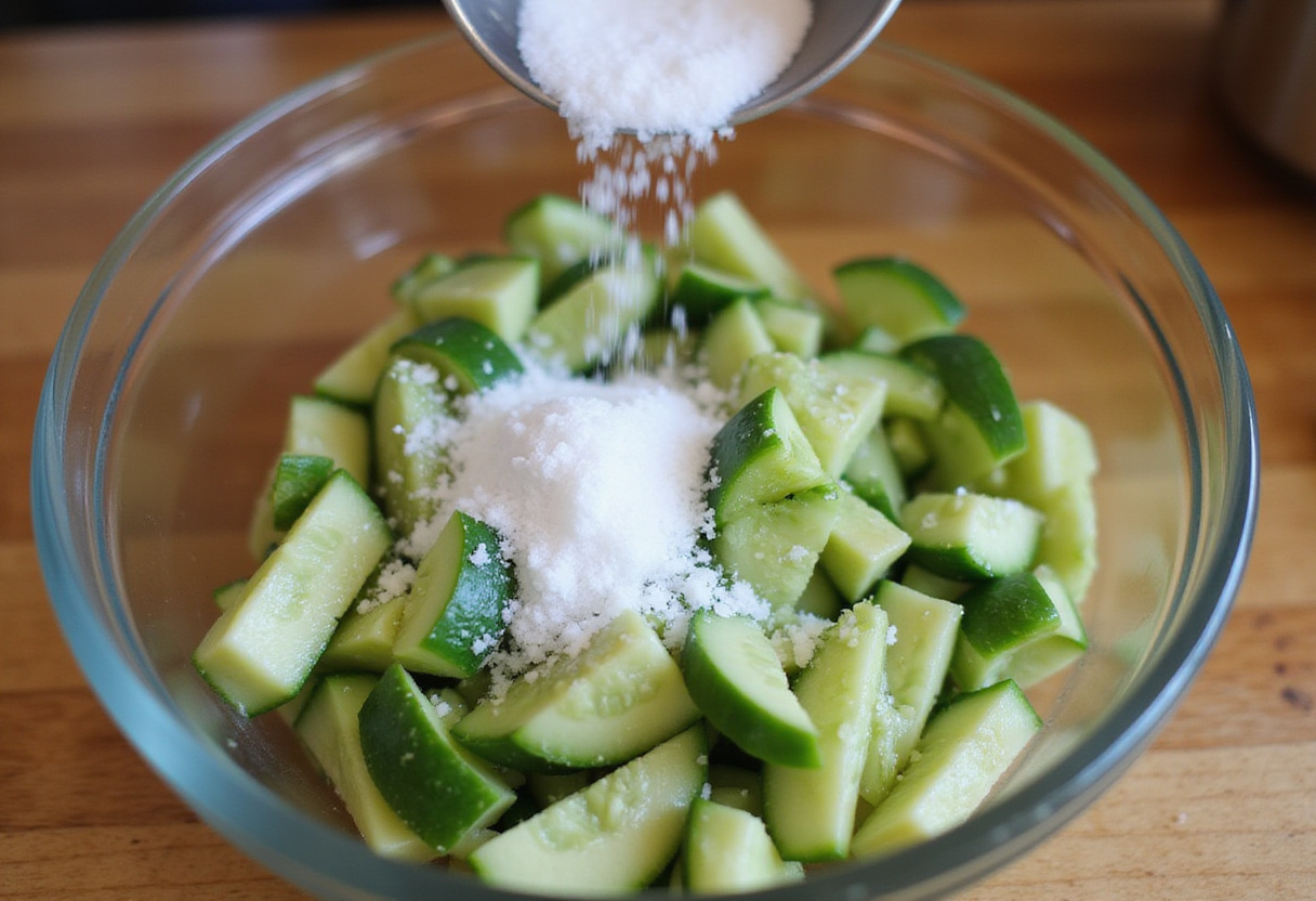 Glass bowl filled with chopped cucumbers and green onions being seasoned for Cucumber & Green Onion Salad.