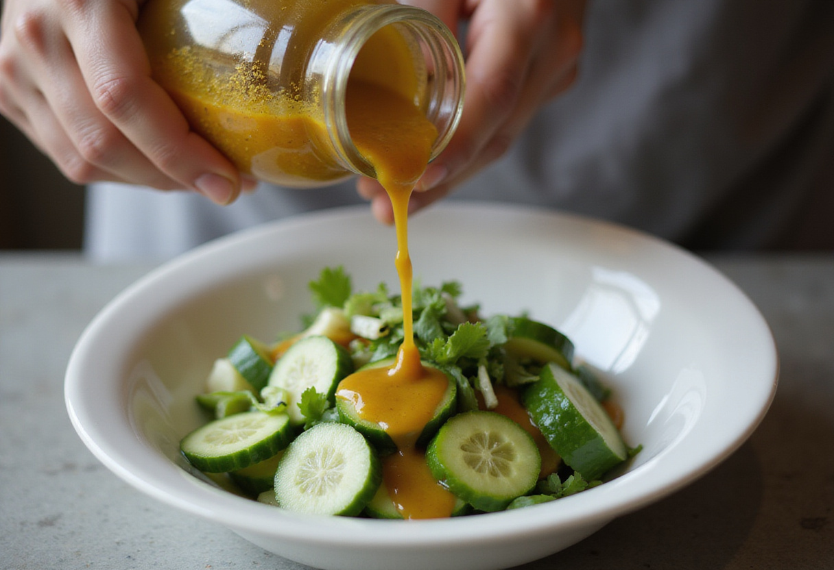 Pouring dressing over the fresh ingredients in a bowl for a flavorful Cucumber & Green Onion Salad.