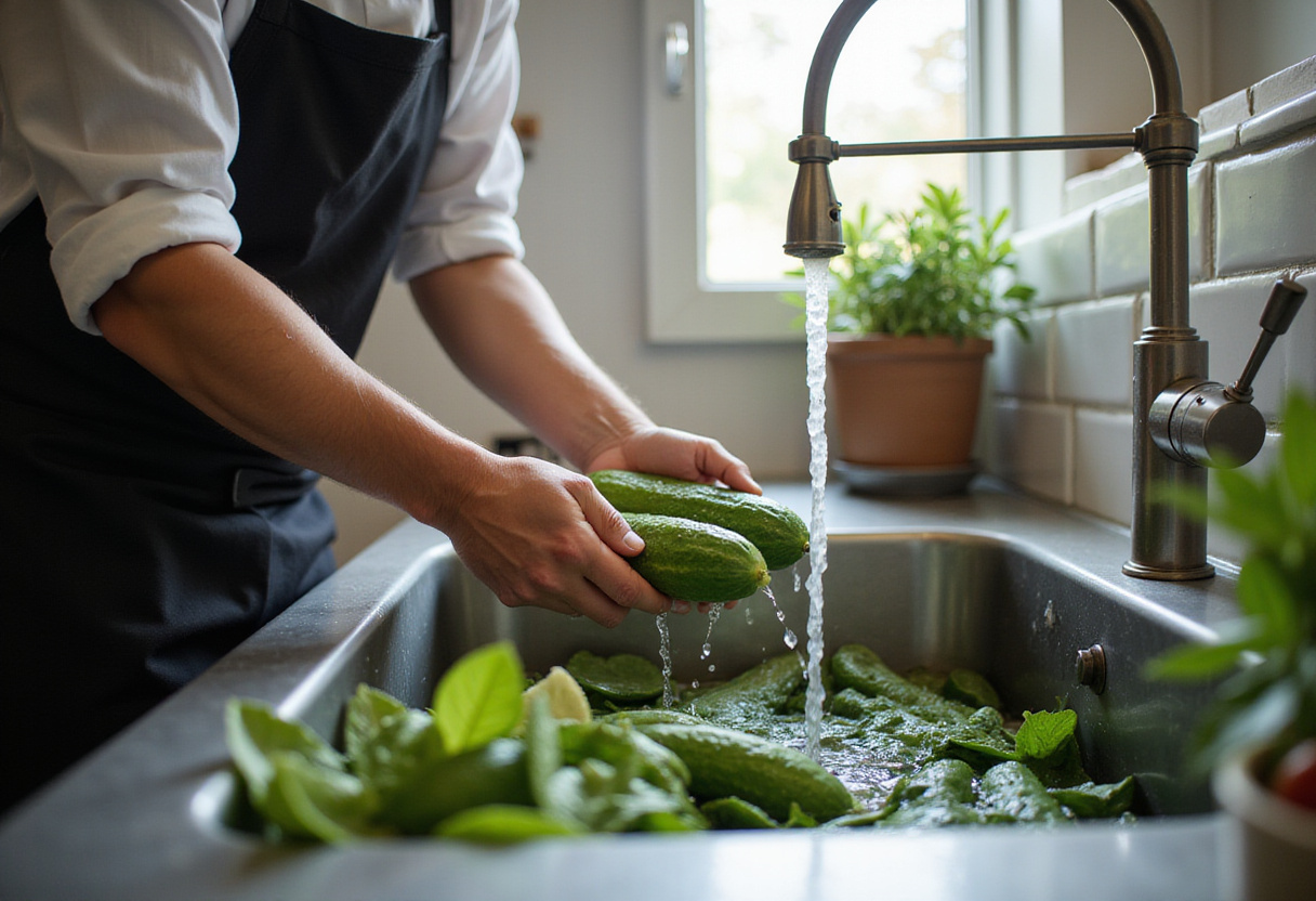 Fresh cucumbers being washed for a Cucumber Salad, emphasizing vibrant and clean vegetables for a healthy dish.