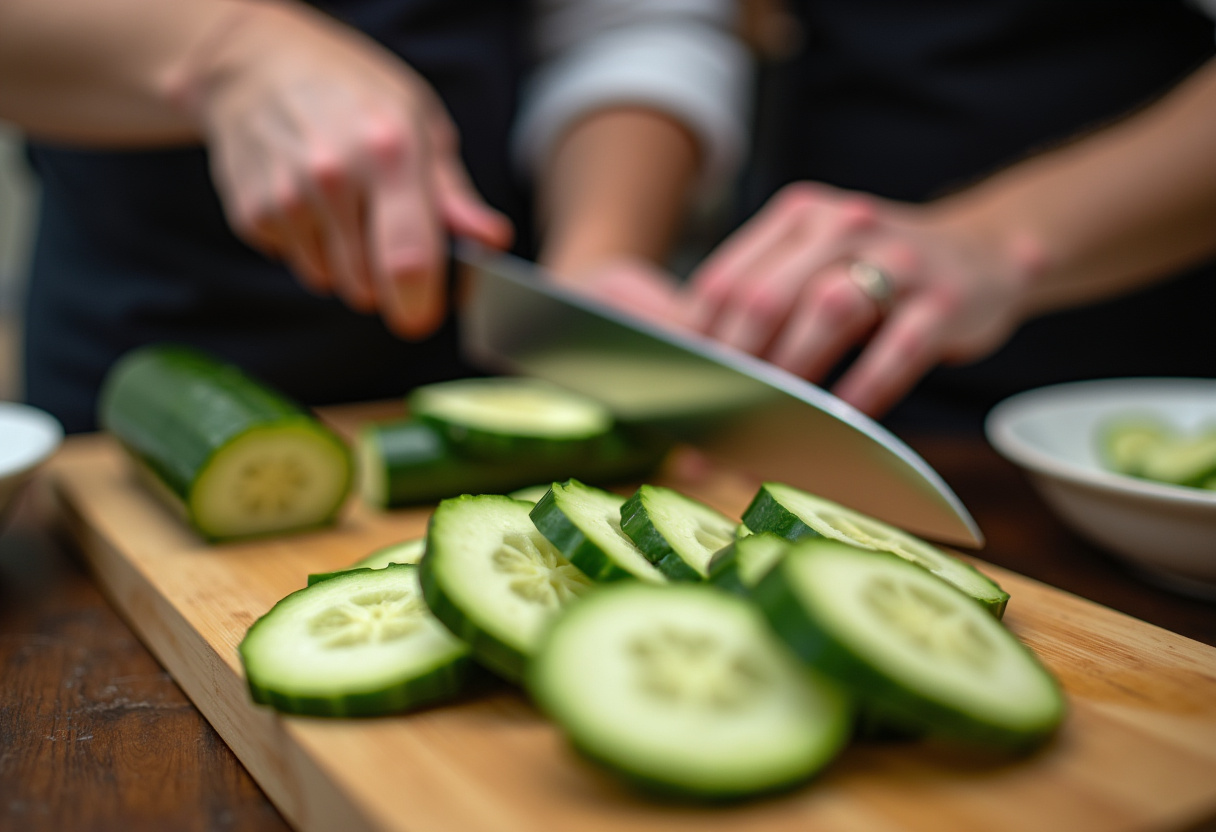 Slicing cucumbers for a delicious Cucumber Salad, showcasing preparation techniques that enhance flavor in this popular dish.
