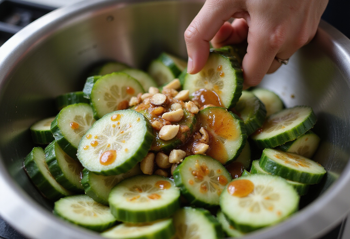 Mixing ingredients for Cucumber Salad with soy sauce and garlic, providing a flavorful twist to the traditional Din Tai Fung style.