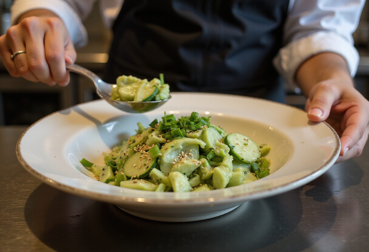 Plating a vibrant Cucumber Salad with sesame seeds and scallions, an attractive presentation in the style of Din Tai Fung.
