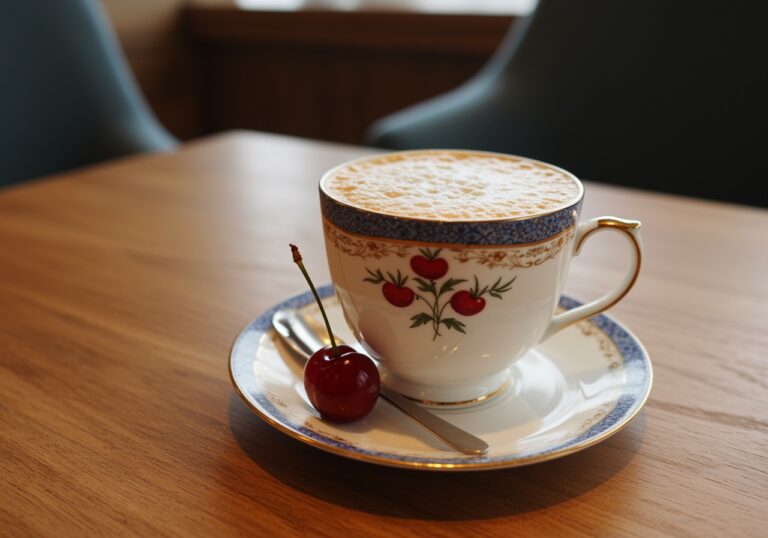 Elegant presentation of hot Delicious Cherry Earl Grey Milk Tea in a fine china cup, ideal for tea lovers.
