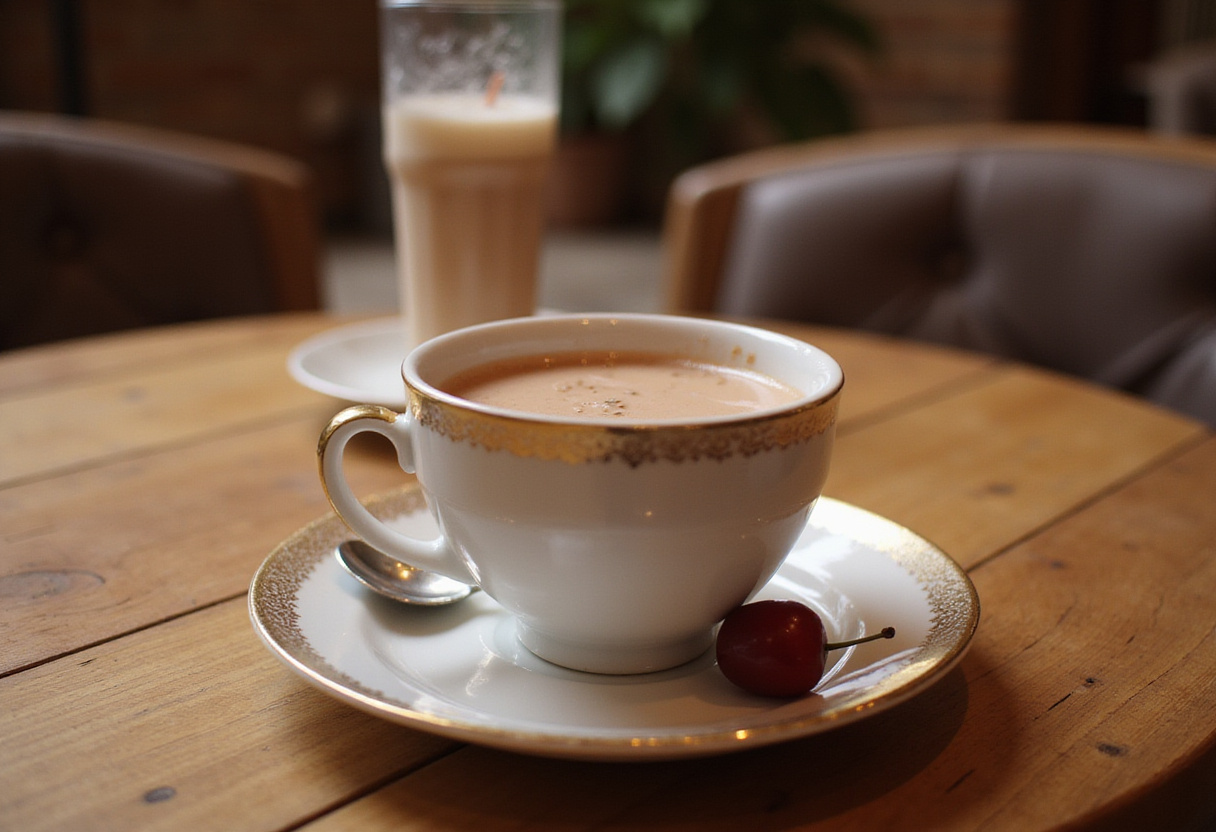 Elegant presentation of hot Delicious Cherry Earl Grey Milk Tea in a fine china cup, ideal for tea lovers.
