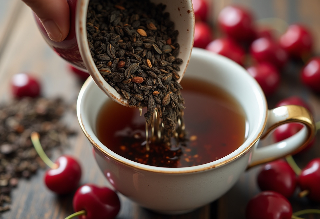 Loose Earl Grey tea leaves in a teapot with fresh cherries for Delicious Cherry Earl Grey Milk Tea preparation.