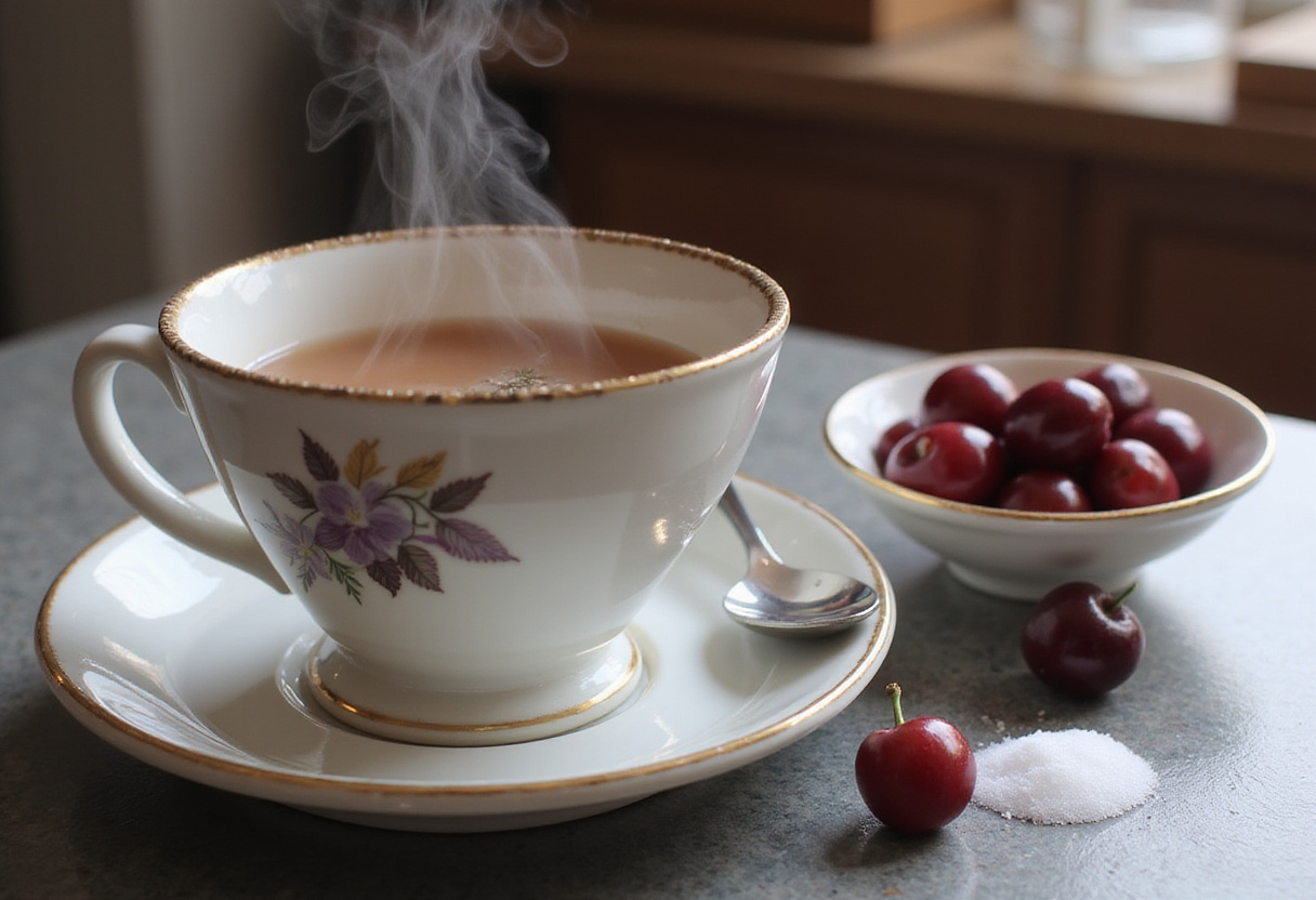 Brewed Earl Grey tea with pitted cherries and sugar for Delicious Cherry Earl Grey Milk Tea.